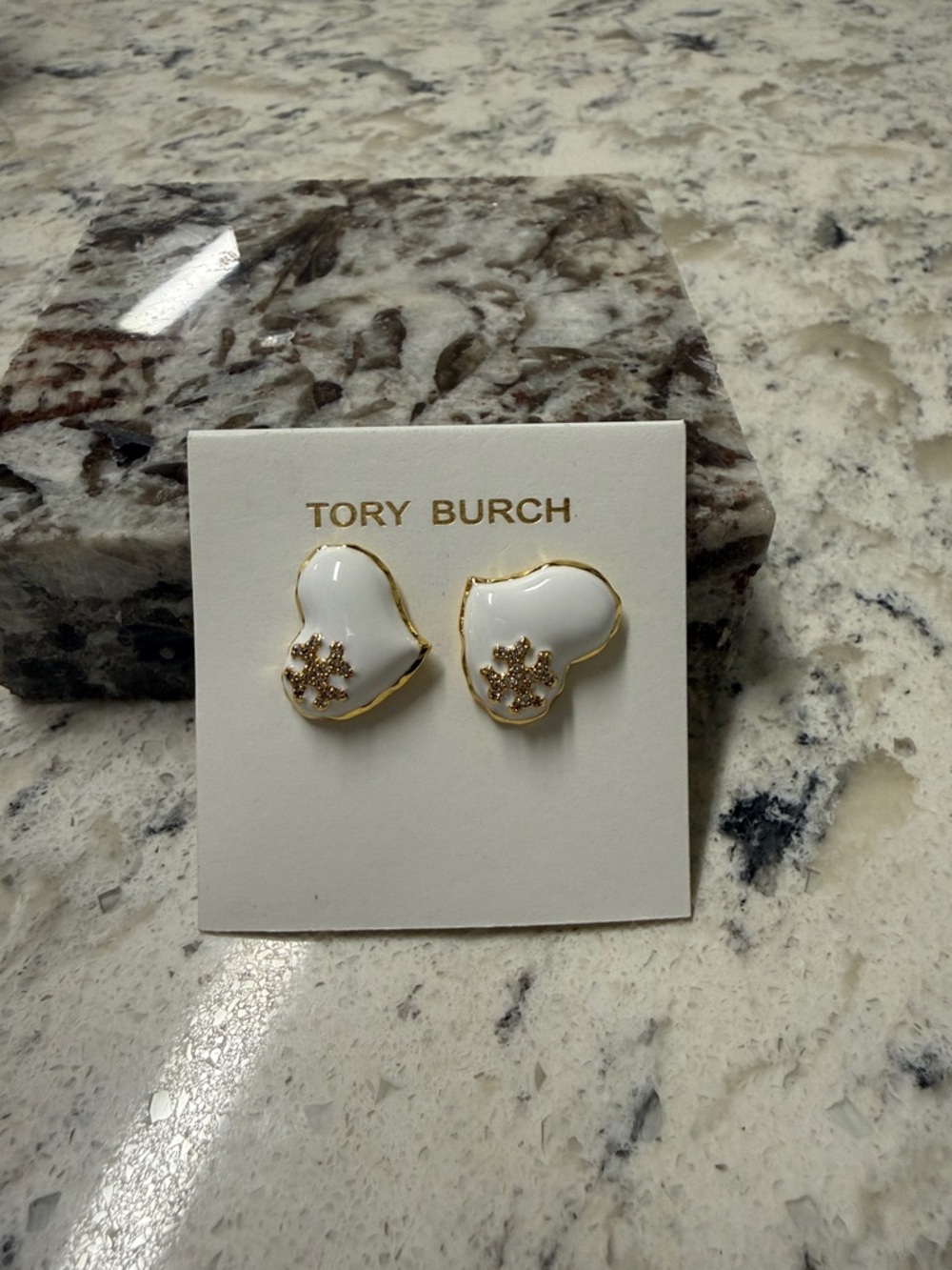 Tory Burch White Heart Enamel Stud Earrings with Gold Logo Accent